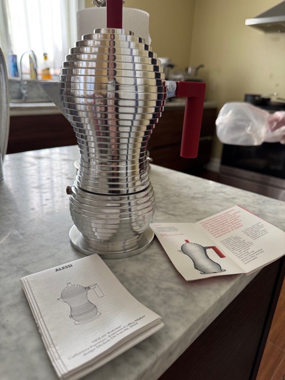 Alessi Silver Espresso Maker with Red Handle and Knob